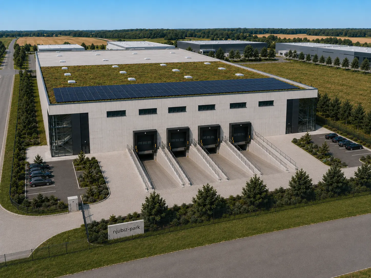 Halle mit begrüntem Dach und Photovoltaikanlage